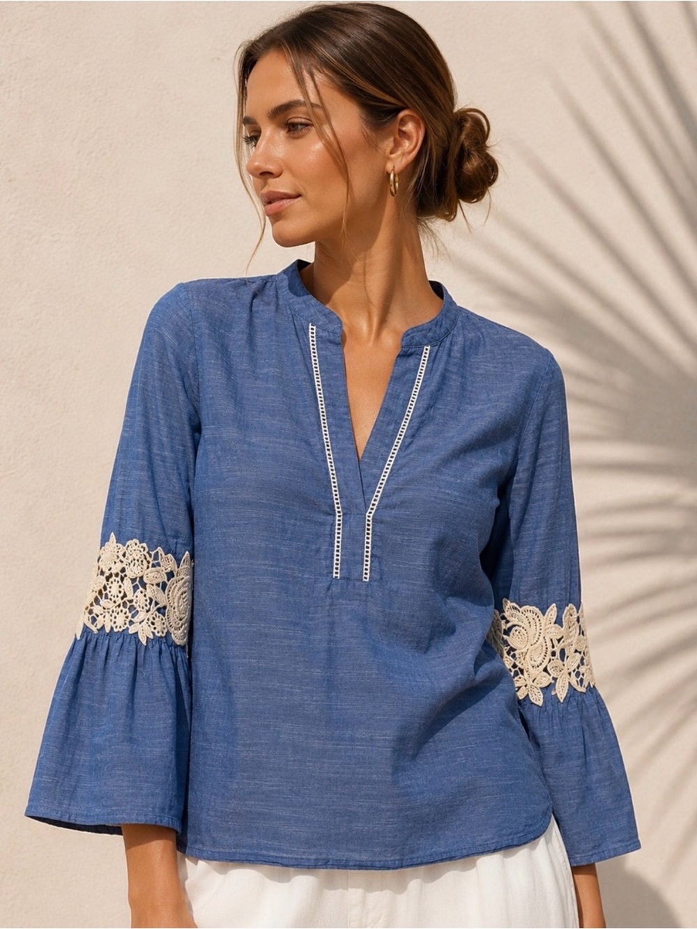 LOFT Chambray Bell Sleeve Tunic Blouse split V-neckline lace trim plus size 18